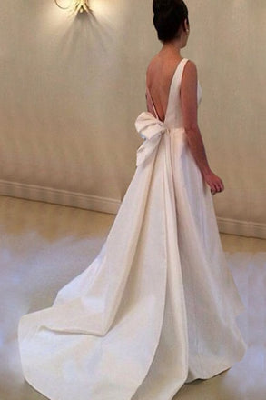 Elegant A-line Simple Open Back Bowknot Sweep Train Wedding Dresses, WD0113