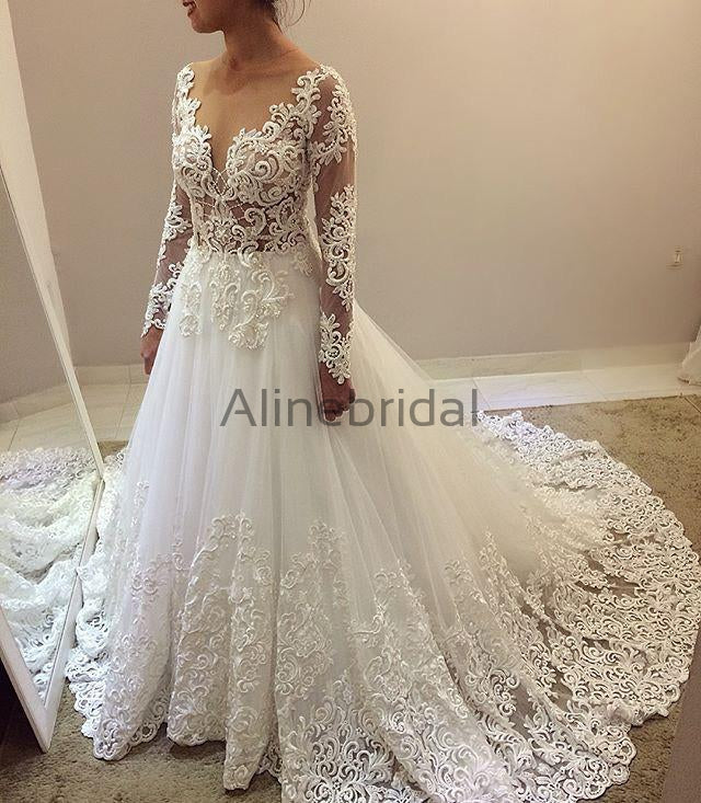 Elegant Beading Lace Long Sleeve Ball Gown Wedding Dresses, AB1505