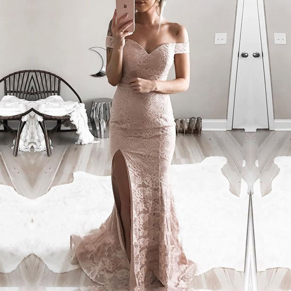 Elegant Off Shoulder Split Nude Lace Mermaid Long Prom Gown Dresses,PD00055