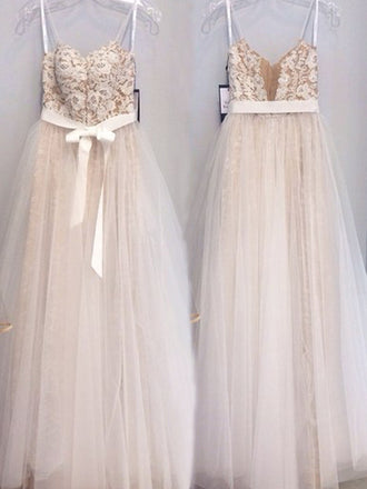 Elegant Spaghetti Straps Appliques Sequins High Waist With A-line Long Prom Dresses. AB1082