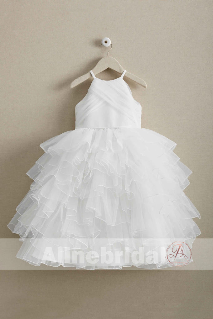 Elegant White Tulle Sleeveless Ruffles Flower Girl Dresses, FGS093