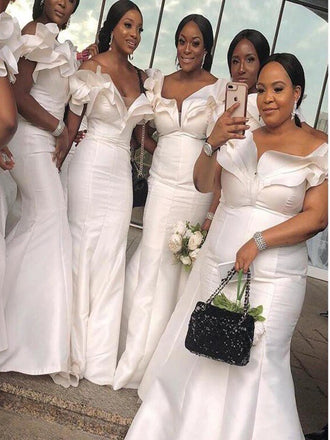 Ivory Ruffles Satin Mermaid Long Bridesmaid Dresses, AB4249