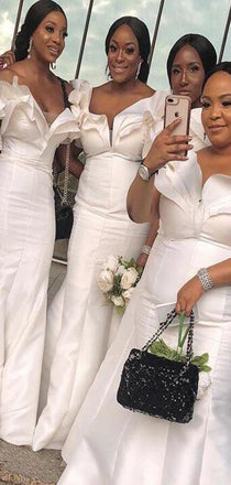 Ivory Ruffles Satin Mermaid Long Bridesmaid Dresses, AB4249