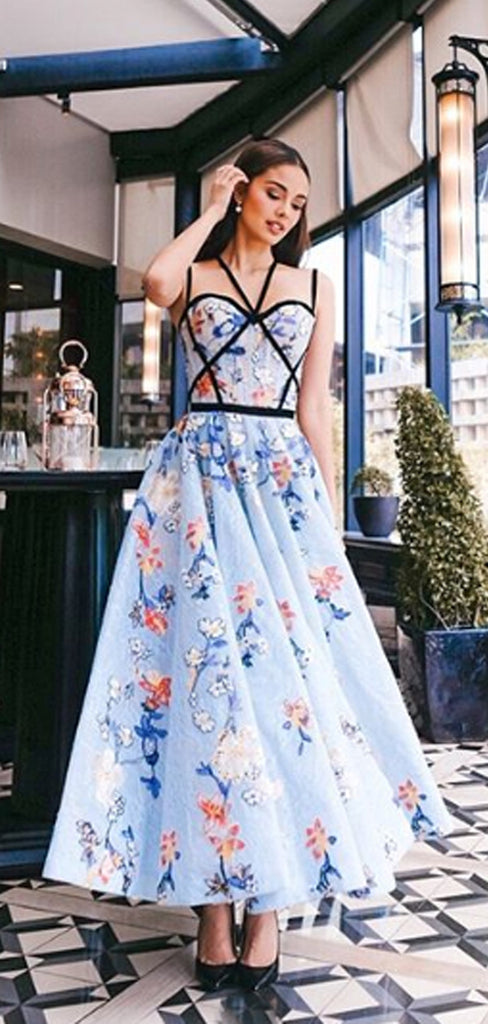 Fashion Blue Floral Prints Criss-cross Prom Dresses,PD00171