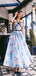 Fashion Blue Floral Prints Criss-cross Prom Dresses,PD00171