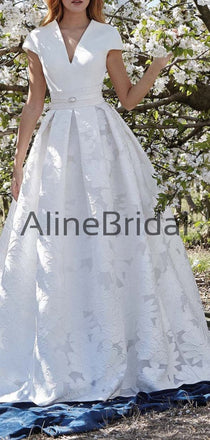 Fashion Unique Lace Floral Satin Cap Sleeve Elegant Wedding Dresses, AB1539