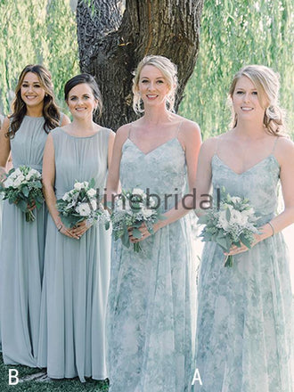 Floral Prints Chiffon Mismatched A-line Long Bridesmaid Dresses, AB4119