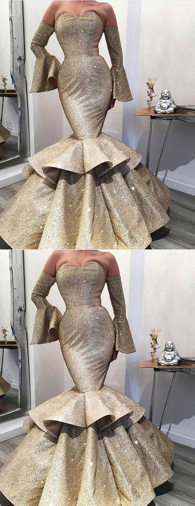 Gold Satin Strapless Long Sleeve Mermaid Formal Prom Dresses.PD00227