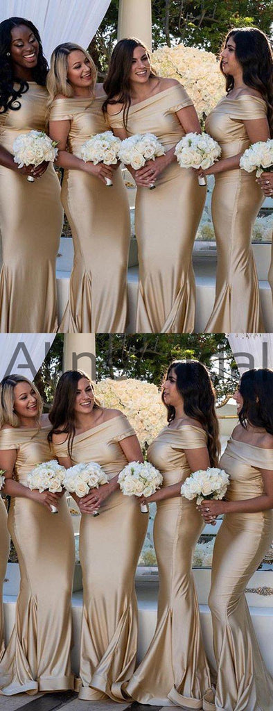 Gold  Off Shoulder Mermaid Fashion Bridesmaid Dresses, AB4065