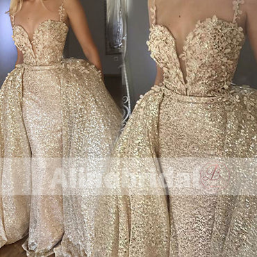 Gold Sequin Detachable Over-skirt Spaghetti Strap Bling Prom Dresses,PD00095