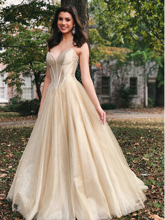 Gold Velvet Tulle Strapless Empire Waist Prom Dresses,PD00174