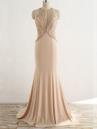 Gorgeous Sparkly Beading Sequins Open Back Mermaid Cut Neck Long Prom Gown Dresses,PD00036