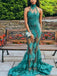 Green Lace Applique Sequin Illusion Tulle Halter Mermaid Prom Dresses.PD00220