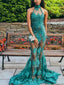 Green Lace Applique Sequin Illusion Tulle Halter Mermaid Prom Dresses.PD00220