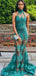 Green Lace Applique Sequin Illusion Tulle Halter Mermaid Prom Dresses.PD00220