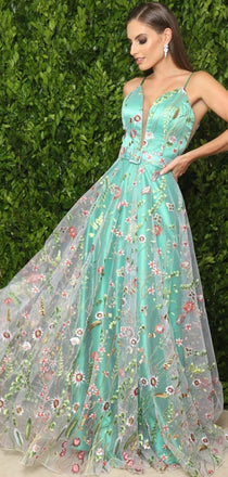 Green Satin Floral Embroidery Spaghetti Strap A-line Prom Dresses,PD00351
