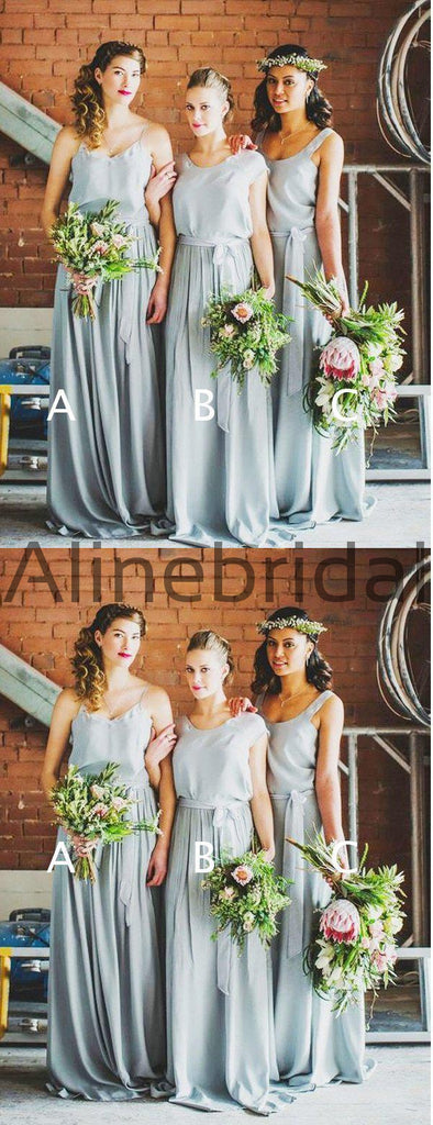Grey Blue Chiffon Mismatched Boho Beach Wedding Party Bridesmaid Dresses, AB4070