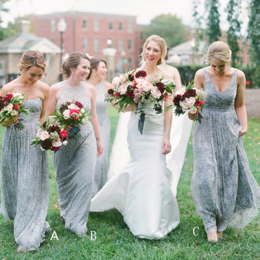 Grey Mismatched Sleeveless Chiffon Lace Elegant Long Bridesmaid Dresses , AB1218