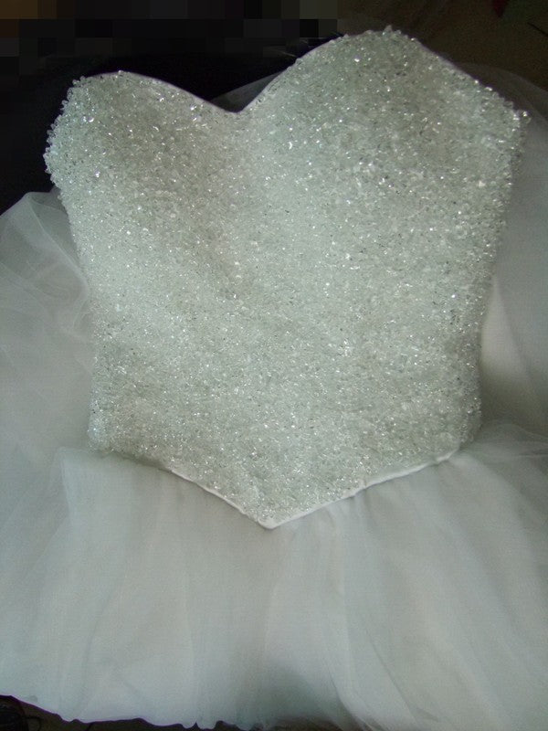 Cute Sweetheart A-line Strapless Beaded Tulle Ball Gown Wedding Party Dresses, WD0185