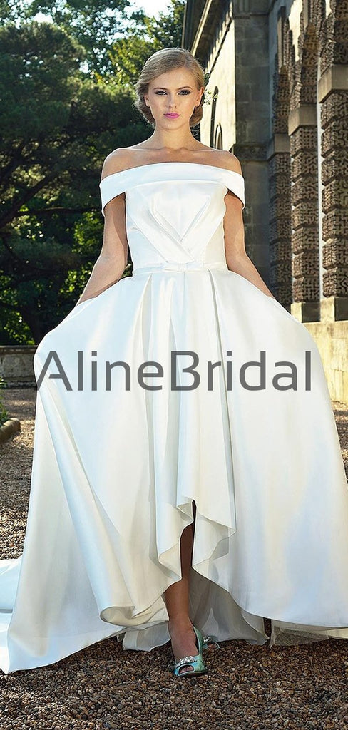 High Low Off Shoudler Off White Satin Ball Gown Wedding Dresses, AB1542