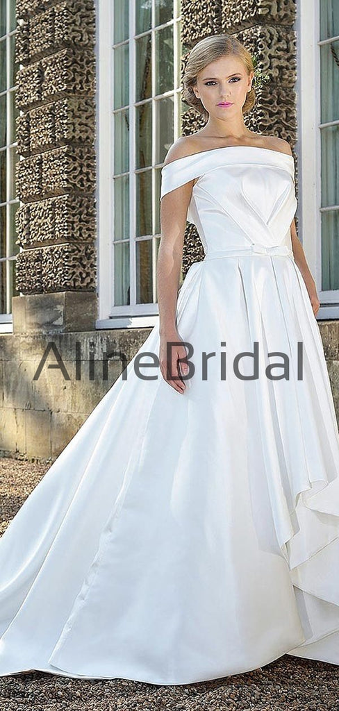 High Low Off Shoudler Off White Satin Ball Gown Wedding Dresses, AB1542