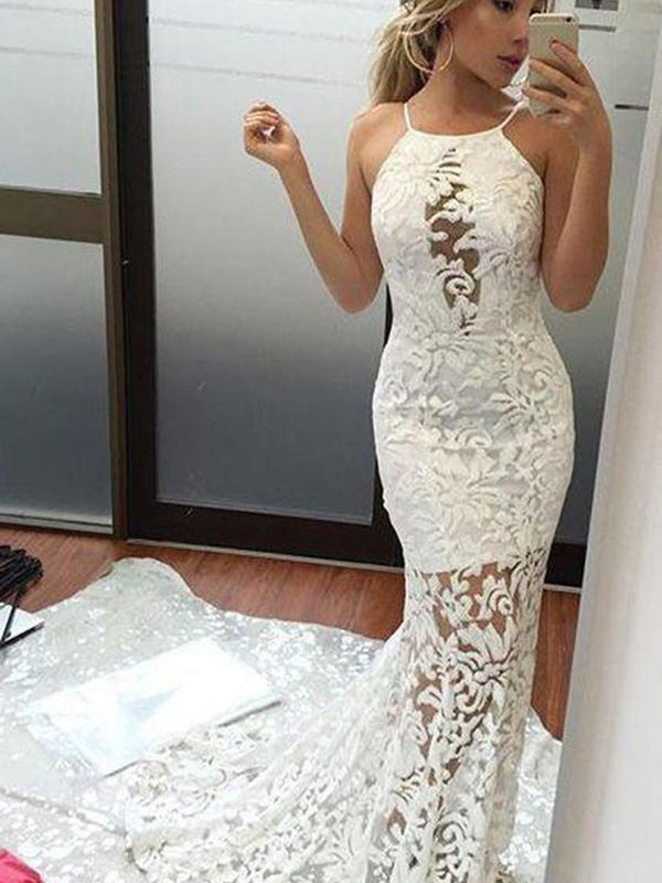 Illusion Lace Halter Mermaid Sexy Wedding Dresses, AB1504