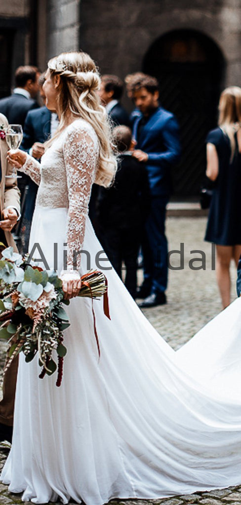 Illusion Lace Long Sleeve V-neck Chiffon A-line Beach Wedding Dresses, AB1573