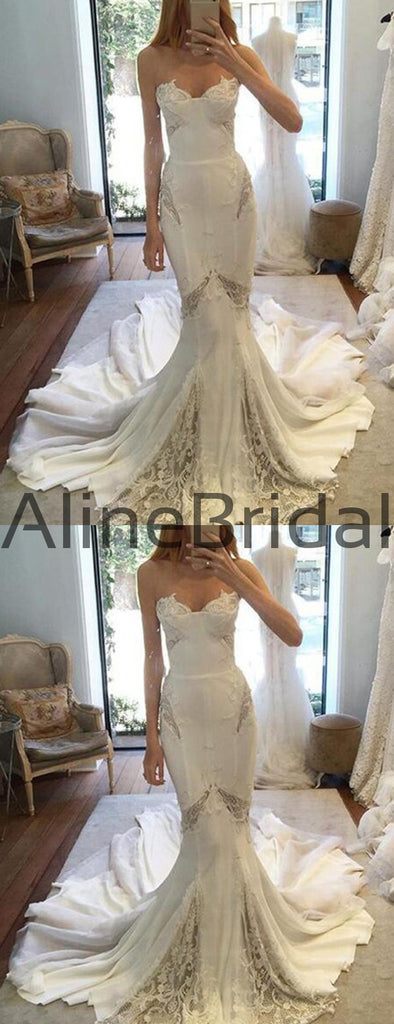 Ivory Chiffon Lace Sweetheart Strapless Mermaid Sexy Wedding Dresses, AB1564