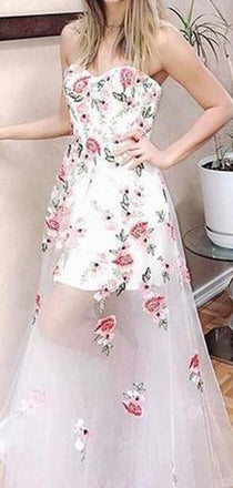 Ivory Floral Prints Sweetheart Strapless See Through Prom Dresses,PD00192