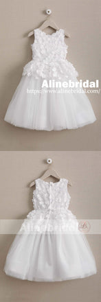 Ivory Handmade Flower Cute Round Neck Sleeveless Flower Girl Dresses, FGS066