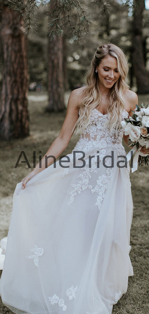 Ivory Lace Applique Tulle Sweetheart Strapless A-line Forest Wedding Dresses, AB1553