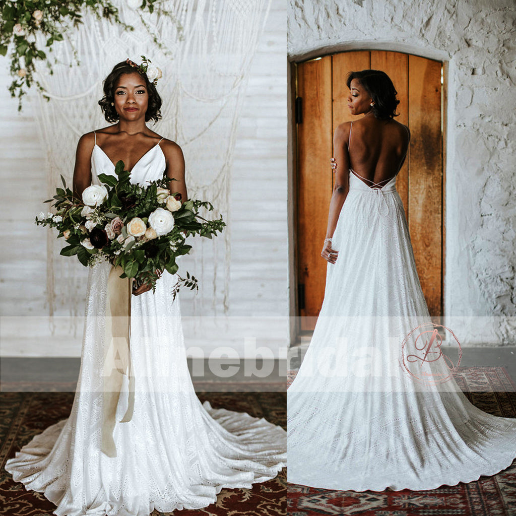 Ivory Lace Spaghetti Straps Lace Up Back A-line Boho Wedding Dresses, AB1156