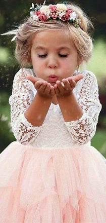 Ivory Lace Top Blush Pink Ruffle Tulle Half Sleeve Flower Girl Dresses, FGS116