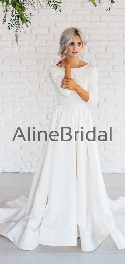 Ivory Satin Long Sleeve Scoop Back A-line Wedding Dresses, AB1548