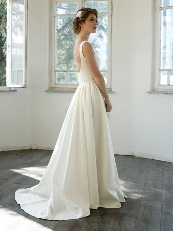 Ivory Satin V-neck Scoop Back A-line Simple Wedding Dresses, AB1557