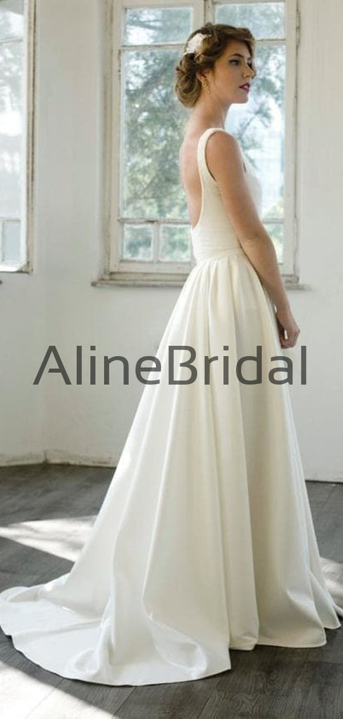 Ivory Satin V-neck Scoop Back A-line Simple Wedding Dresses, AB1557