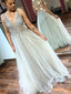 Ivory Tulle Sequin Beads V-neck Backless Prom Dresses,PD00365