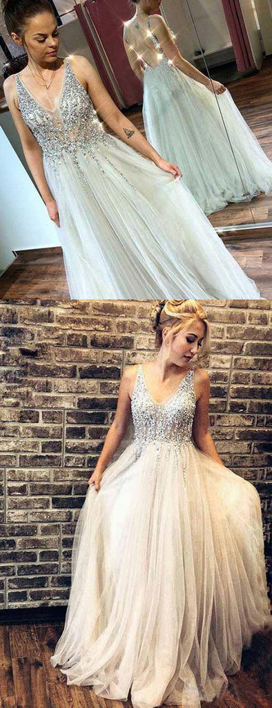 Ivory Tulle Sequin Beads V-neck Backless Prom Dresses,PD00365