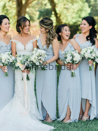 Light Blue Chiffon Spaghetti Strap High Low Bridesmaid Dresses, AB4120