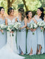 Light Blue Chiffon Spaghetti Strap High Low Bridesmaid Dresses, AB4120