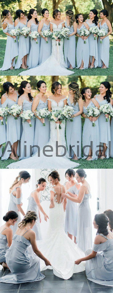 Light Blue Chiffon Spaghetti Strap High Low Bridesmaid Dresses, AB4120