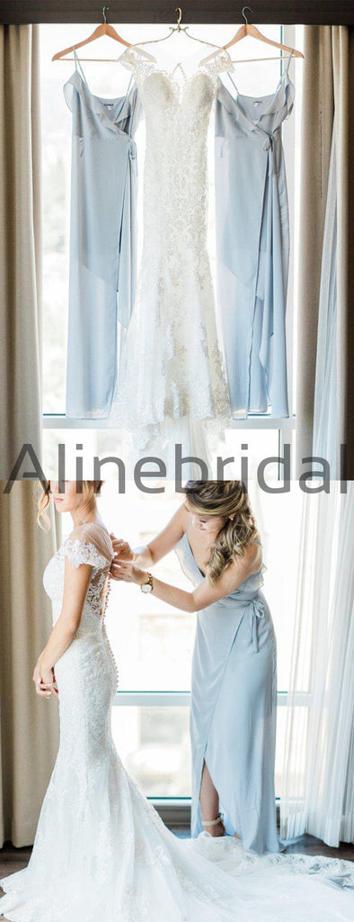 Light Blue Chiffon Spaghetti Strap High Low Bridesmaid Dresses, AB4120