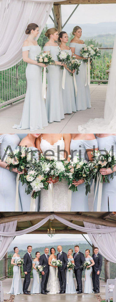 Light Blue Off Shoulder Mermaid Long Bridesmaid Dresses , AB4128