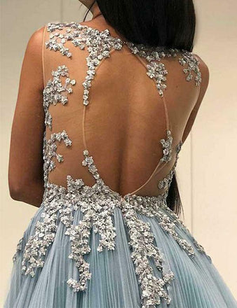 Light Blue Tulle Applique Open Back Sleeveless Prom Dresses ,PD00196