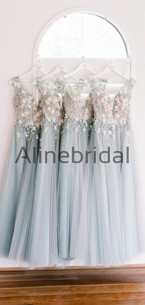 Light Blue Tulle Handmade Flower Aplique Country Wedding Bridesmaid Dresses, AB4078