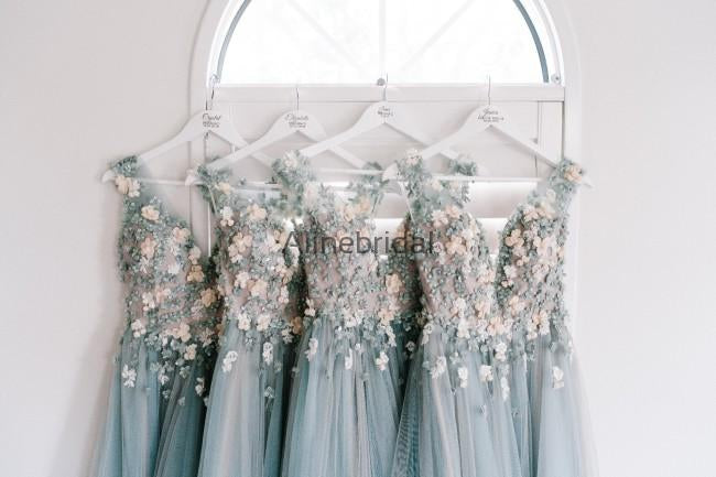 Light Blue Tulle Handmade Flower Aplique Country Wedding Bridesmaid Dresses, AB4078