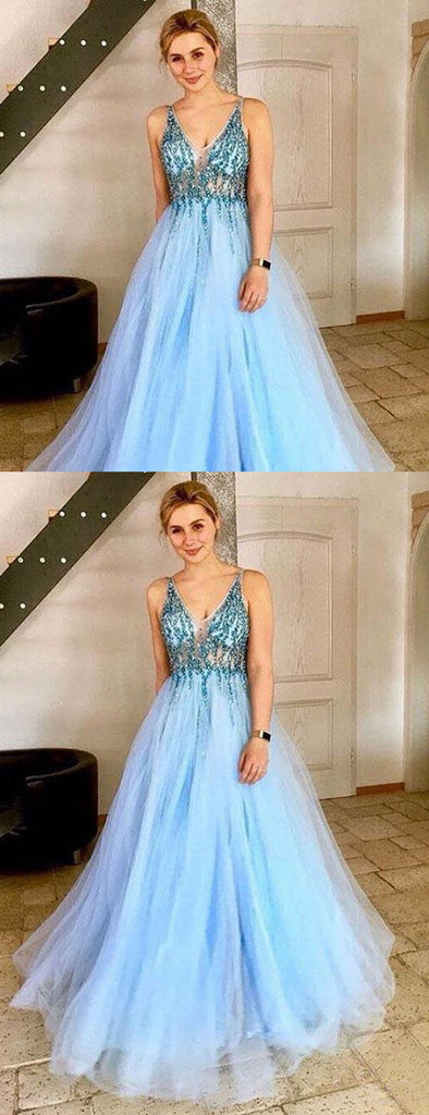 Light Blue Tulle Sequin Beads V-neck Backless Prom Dresses,PD00363