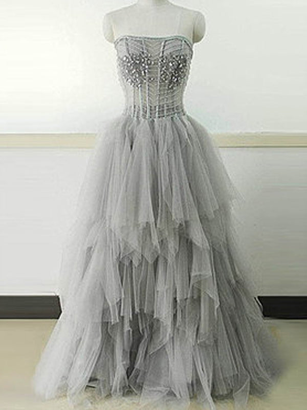 Light Gray Strapless Unique Vintage Formal Ball Gown Prom Dresses. PD070
