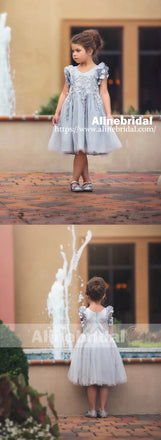Light Grey Appliques Tulle Pretty Sleeveless Short Flower Girl Dresses, FGS078
