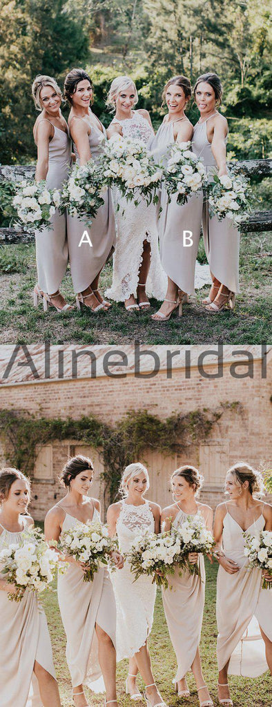 Light Grey Spaghetti Strap High Low Summer Wedding Bridesmaid Dresses , AB4108